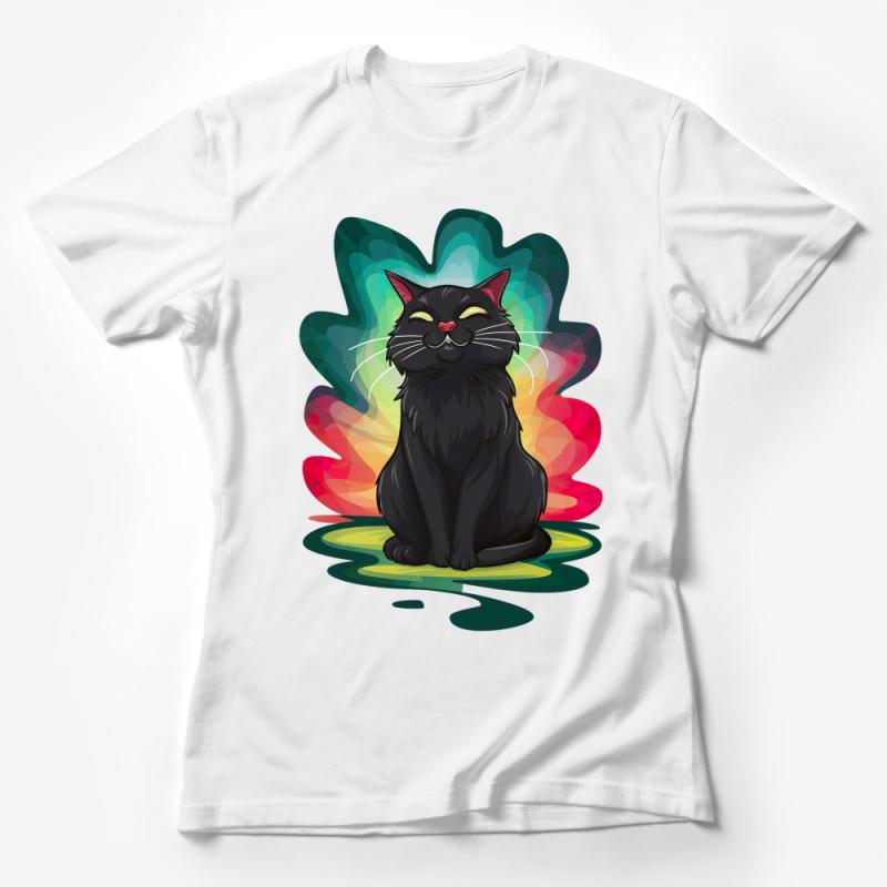 Black Cat T-Shirt, Whimsical Feline Illustration, Colorful Rainbow Aura, Unisex Tee, Pet Lover Gift, Casual Apparel, Multiple Sizes Female T-Shirt