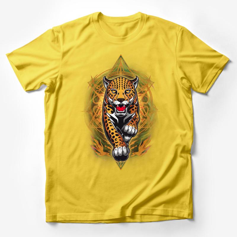 Men's Graphic Tee, Fierce Jungle Jaguar with Geometric Elements T-Shirt, Bold Animal Print Shirt, Unique Wildlife Illustration Top Male T-Shirt