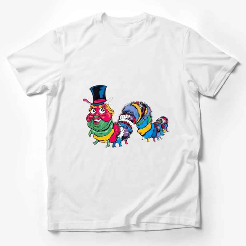 Colorful Caterpillar Character T-Shirt, Whimsical Bug with Top Hat, Unique Graphic Tee, Unisex Fun Clothing Item, Gift for Entomologists Male T-Shirt