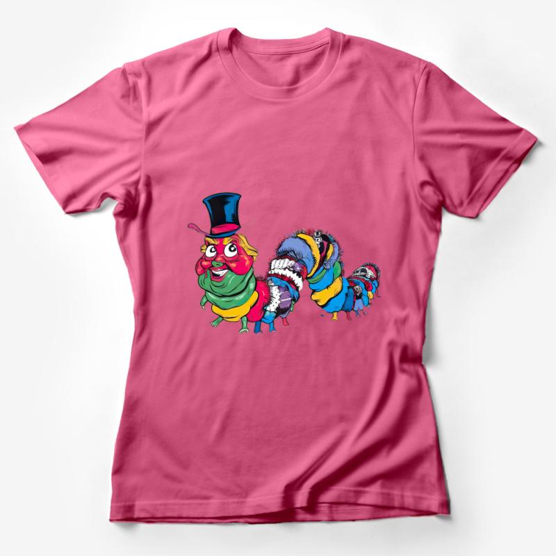 Colorful Caterpillar Character T-Shirt, Whimsical Bug with Top Hat, Unique Graphic Tee, Unisex Fun Clothing Item, Gift for Entomologists Female T-Shirt