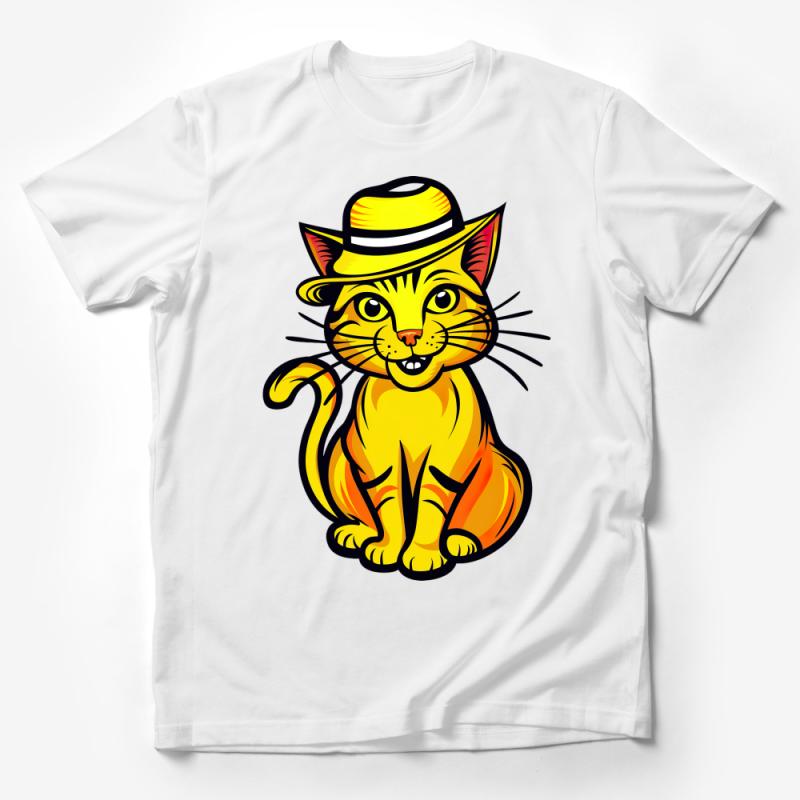 Whimsical Cat in Hat Graphic T-Shirt, Cute Feline Cartoon, Unisex Adult Tee, Animal Lover Gift, Vibrant Casual Wear Male T-Shirt