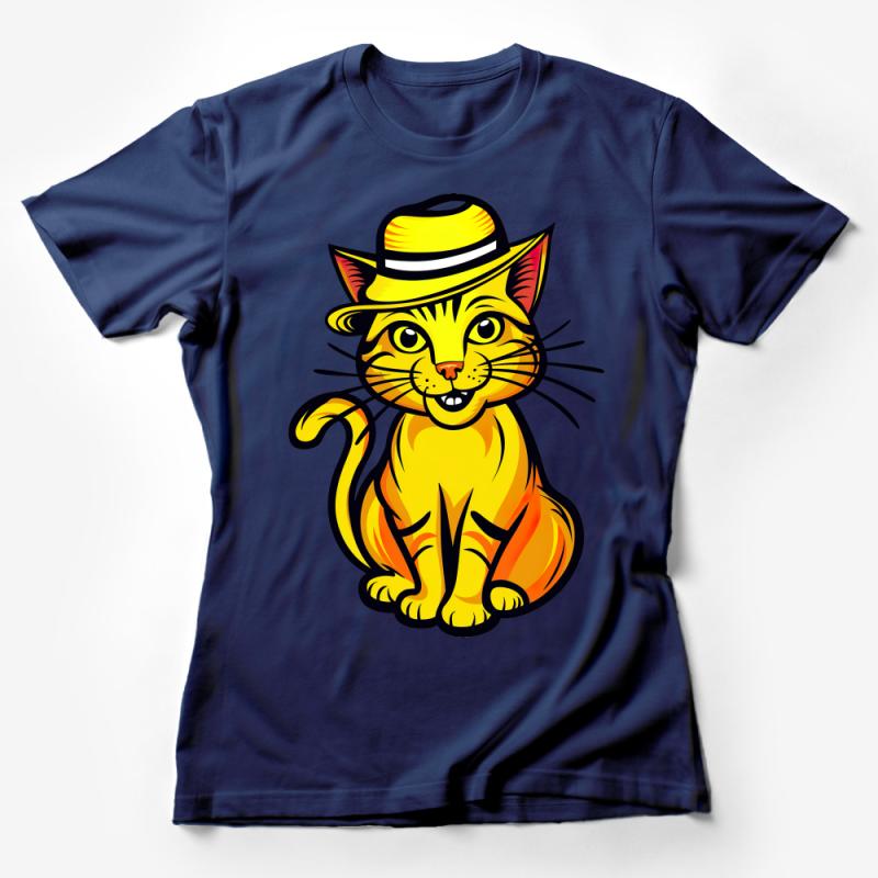 Whimsical Cat in Hat Graphic T-Shirt, Cute Feline Cartoon, Unisex Adult Tee, Animal Lover Gift, Vibrant Casual Wear Female T-Shirt