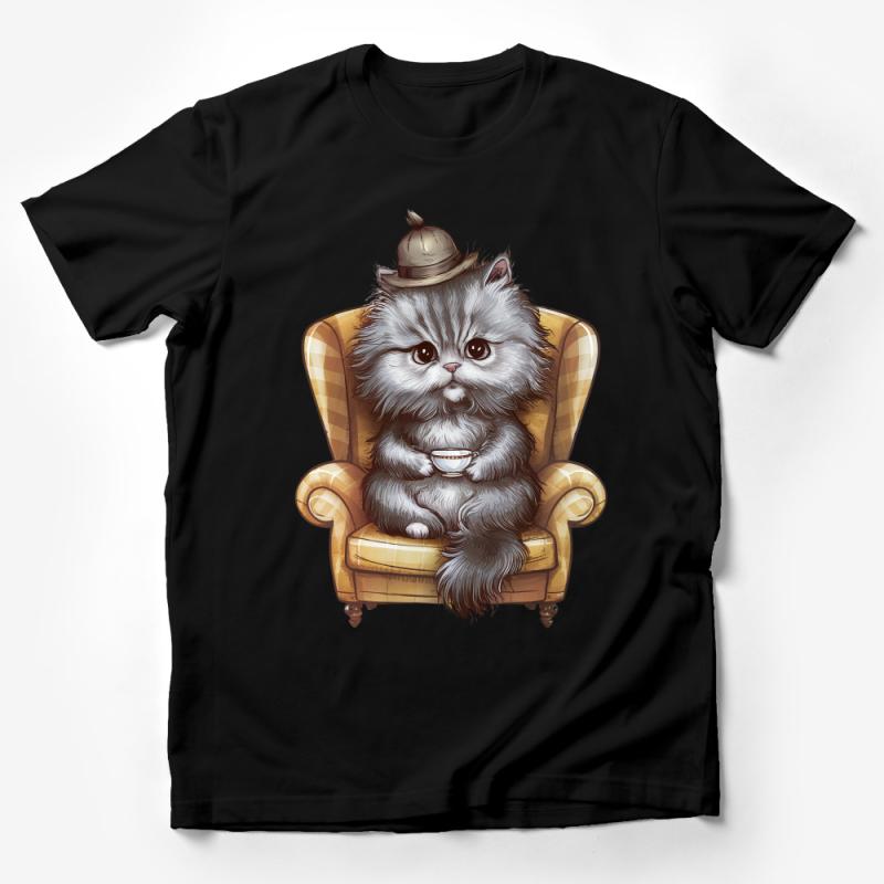 Whimsical Cat in Hat T-Shirt, Cozy Armchair Kitty Illustration Tee, Cute Feline Fashion Top, Unisex Graphic Shirt for Cat Lovers Male T-Shirt