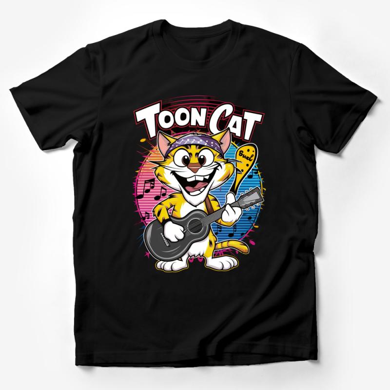 Retro Music Toon Cat T-Shirt, Cool Cartoon Cat with Guitar, Vibrant Funky Cat Tee, Unique Gift for Cat Lovers, Unisex Graphic Shirt Male T-Shirt