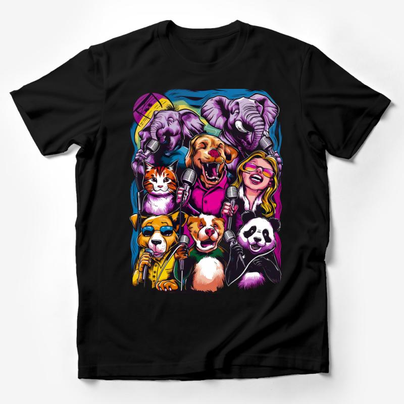 Colorful Animal Band T-Shirt, Cartoon Elephant Dog Cat Singers, Unisex Music Lover Tee, Vibrant Graphic Shirt, Unique Pet Lover Gift Male T-Shirt