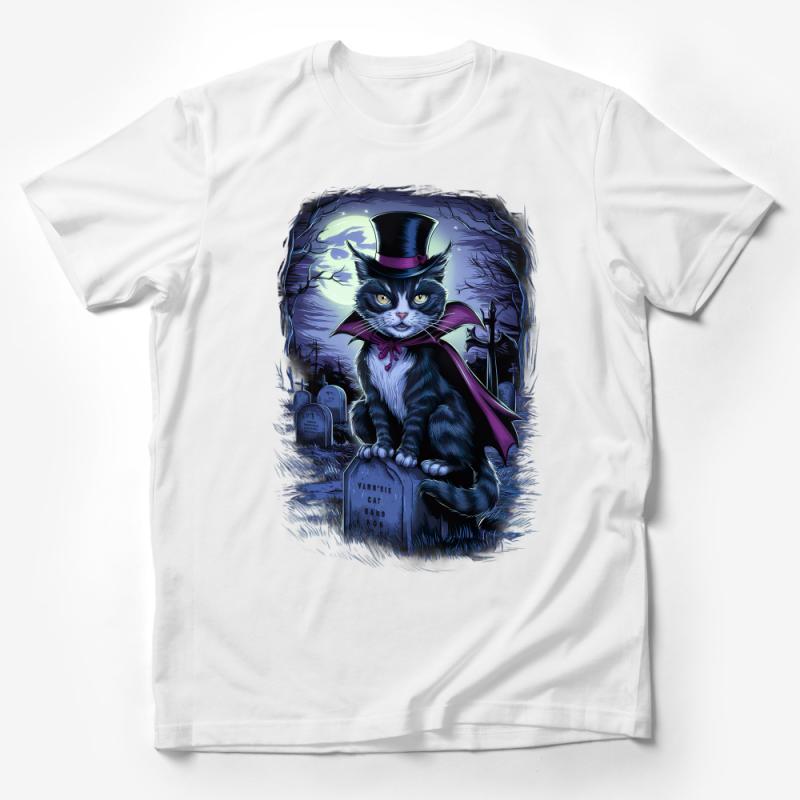 Gothic Cat T-Shirt, Spooky Halloween Cat with Top Hat, Moon and Graveyard Graphic Tee, Unisex Adult Clothing Male T-Shirt