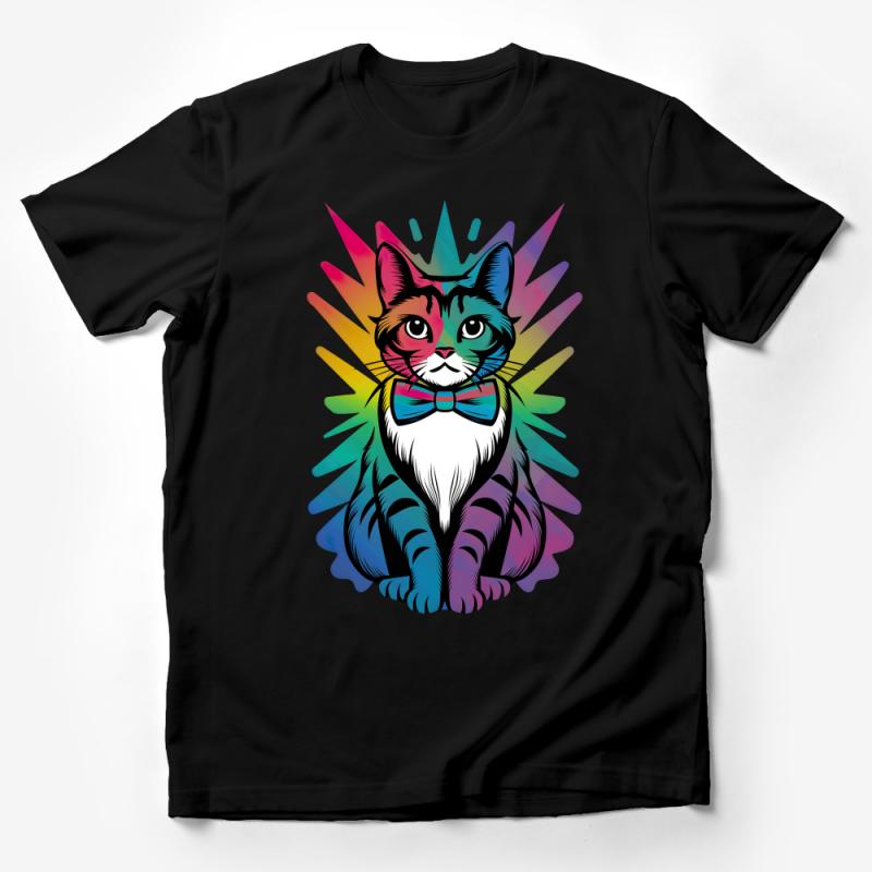 Colorful Cat T-Shirt, Funky Feline Graphic Tee, Artistic Rainbow Cat with Bow Tie, Unique Cat Lover Gift, Unisex Cat Shirt Male T-Shirt