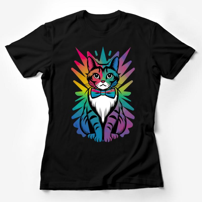 Colorful Cat T-Shirt, Funky Feline Graphic Tee, Artistic Rainbow Cat with Bow Tie, Unique Cat Lover Gift, Unisex Cat Shirt Female T-Shirt