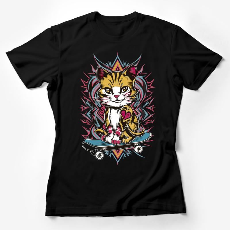 Cool Skateboarding Cat T-Shirt, Hip Cat with Glasses Graphic Tee, Urban Style Feline Skate Shirt, Unisex Female T-Shirt