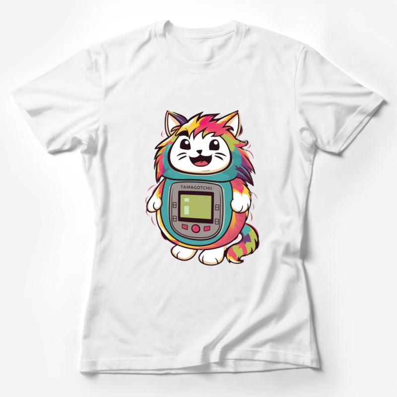 Colorful Tamagotchi Inspired Cat T-Shirt, Fun Retro Gaming Kitten Tee, Unisex Graphic Shirt for All Ages Female T-Shirt