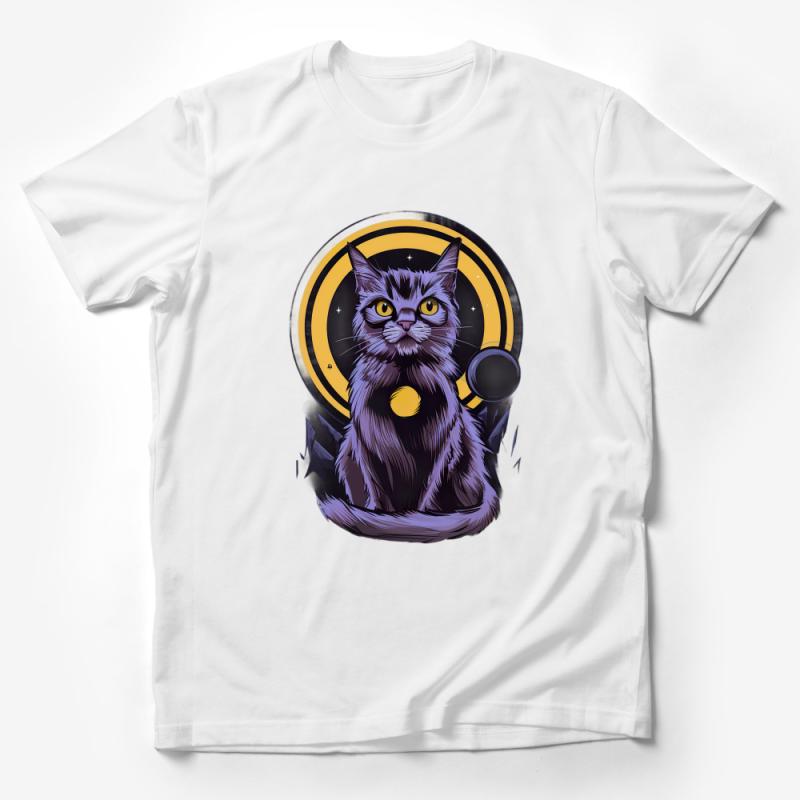 Cosmic Cat T-Shirt, Space Kitty Tee, Purple Feline Graphic, Casual Unisex Shirt, Galaxy Pet Lover Gift, Starry Night Top, Unique Animal Illustration Apparel Male T-Shirt