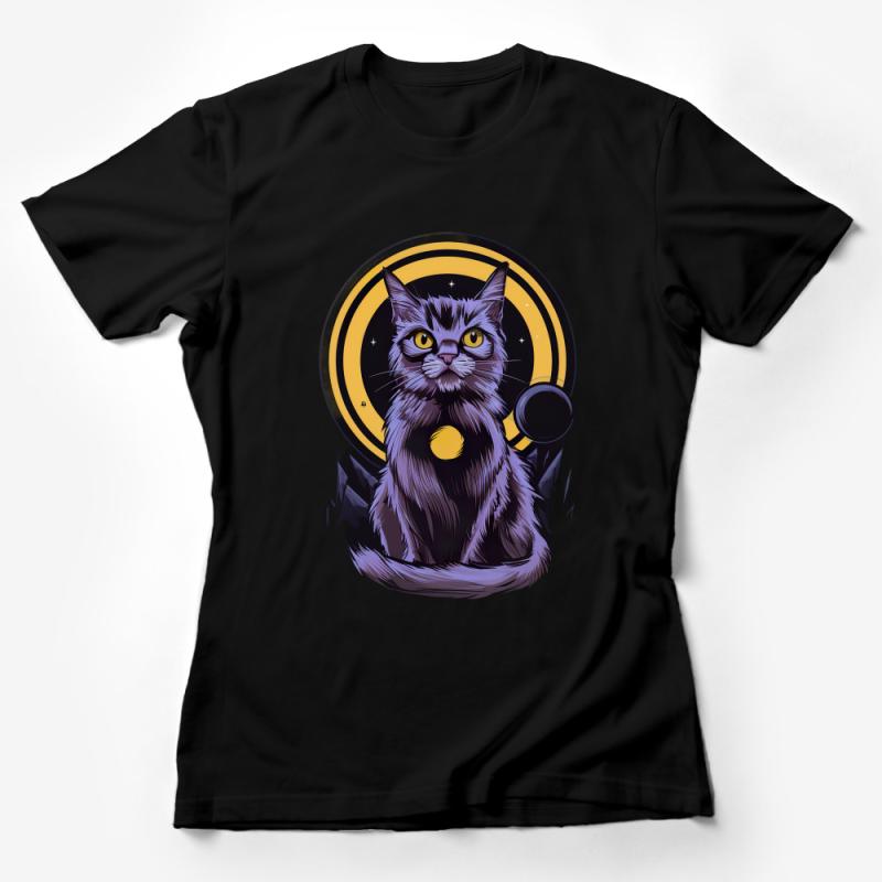 Cosmic Cat T-Shirt, Space Kitty Tee, Purple Feline Graphic, Casual Unisex Shirt, Galaxy Pet Lover Gift, Starry Night Top, Unique Animal Illustration Apparel Female T-Shirt