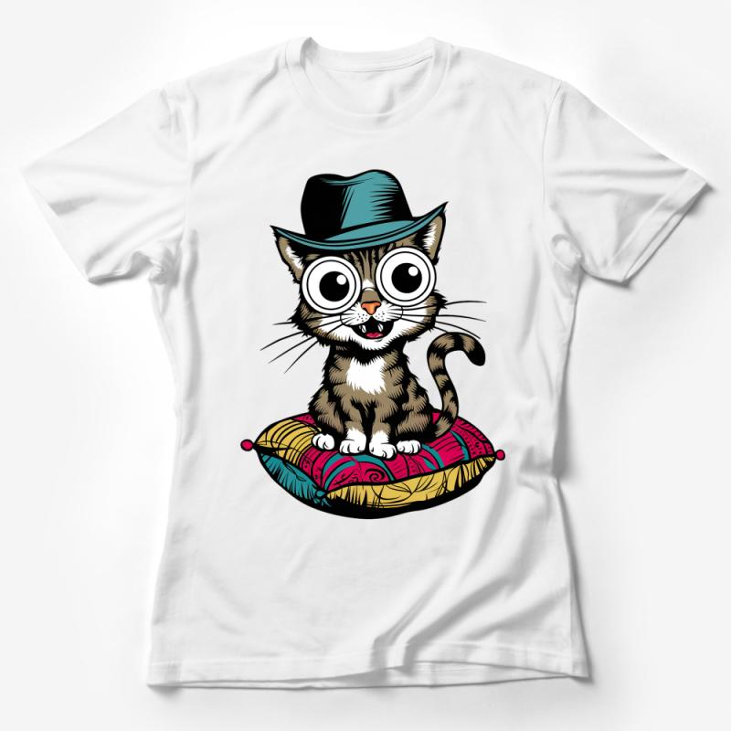 Cute Cat in Hat T-Shirt, Quirky Hipster Kitty Graphic Tee, Unisex Adult Apparel, Fun Cat Lover Gift Idea Female T-Shirt