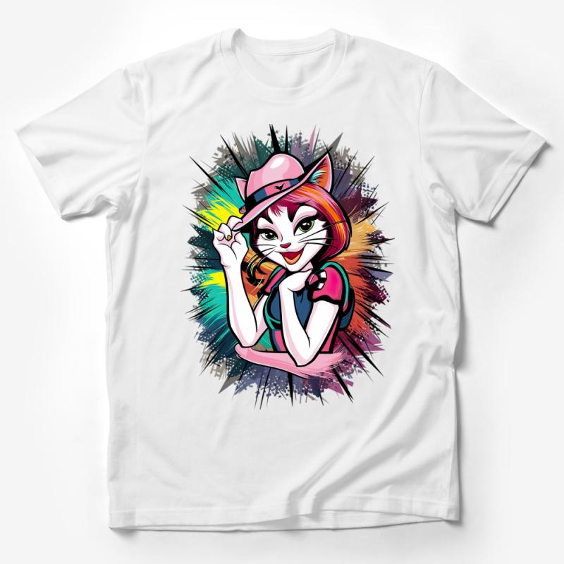 Colorful Cat with Hat Graphic Tee, Stylish Feline Art T-Shirt, Casual Urban Streetwear, Modern Funky Pet Illustration Top Male T-Shirt