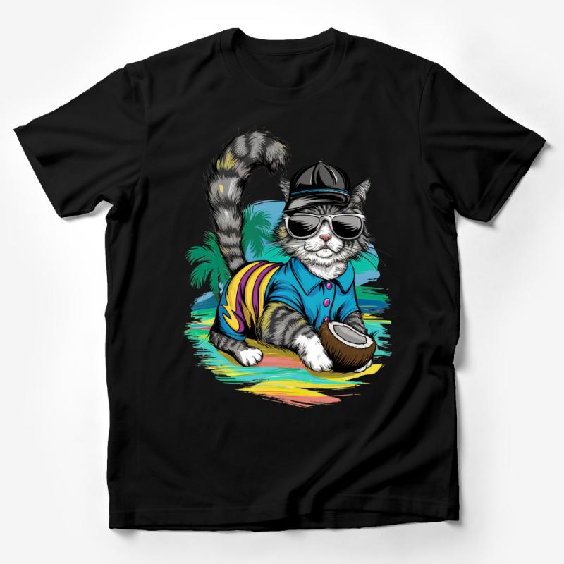 Cool Cat with Sunglasses T-Shirt, Tropical Summer Vibes Tee, Unisex Fashion Streetwear, Cat Lover Casual Top, Beach Style Clothing Male T-Shirt