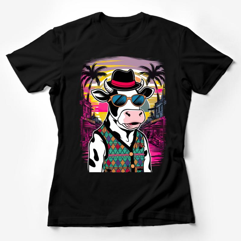 Cool Cow with Sunglasses T-Shirt, Tropical Vibes, Urban Cow Illustration, Beachwear, Unisex Graphic Tee, Summer Fashion, Casual Streetwear Female T-Shirt