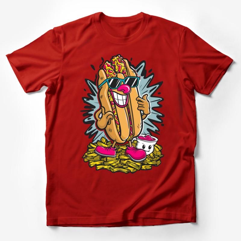 Funny Smiling Hot Dog Cartoon T-Shirt, Cool Street Food Tee, Unisex Summer Party Shirt, Casual Foodie Apparel Male T-Shirt