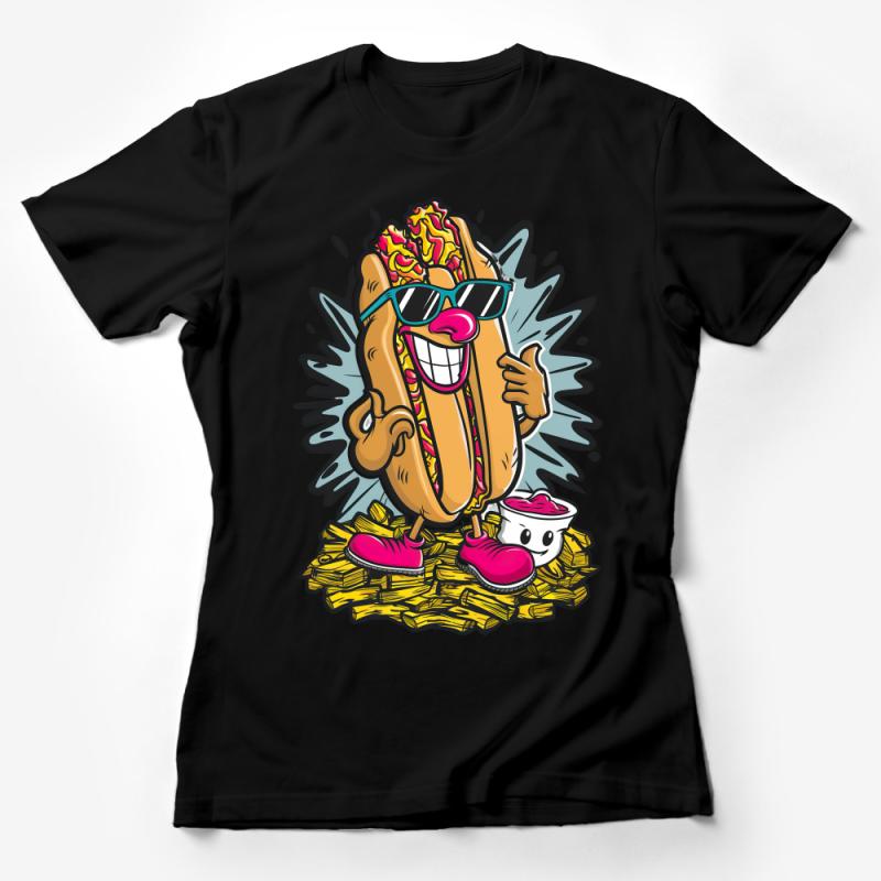 Funny Smiling Hot Dog Cartoon T-Shirt, Cool Street Food Tee, Unisex Summer Party Shirt, Casual Foodie Apparel Female T-Shirt