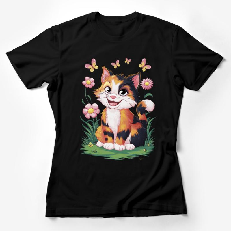 Cute Calico Cat T-Shirt, Butterfly and Flowers Graphic Tee, Whimsical Animal Shirt for Cat Lovers, Unisex Apparel, Casual Cotton Top Female T-Shirt