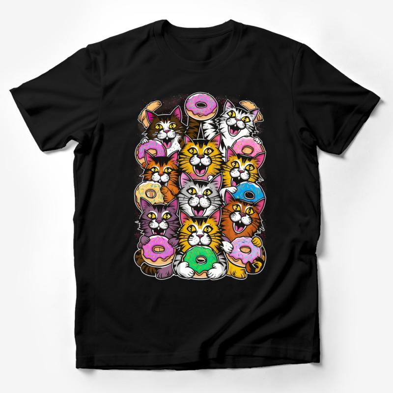 Whimsical Cat Pyramid T-Shirt, Colorful Kitten Donut Graphic Tee, Unique Cat Lover Gift, Fun Casual Wear Male T-Shirt