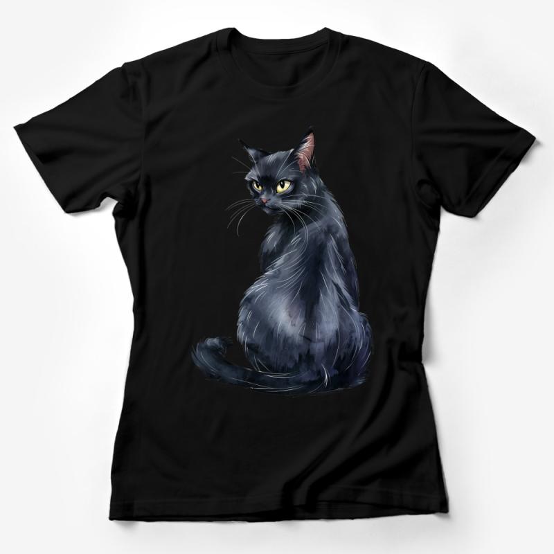 Black Cat T-Shirt, Cute Feline Illustration Tee, Unisex Cat Lover Graphic Shirt, Animal Art Casual Wear, Soft Cotton Gift for Pet Owners Female T-Shirt