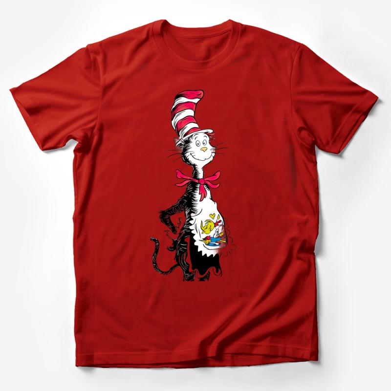 Whimsical Cat in Hat Graphic Tee, Unisex Cartoon Character T-Shirt, Fun Casual Wear for All Ages Male T-Shirt