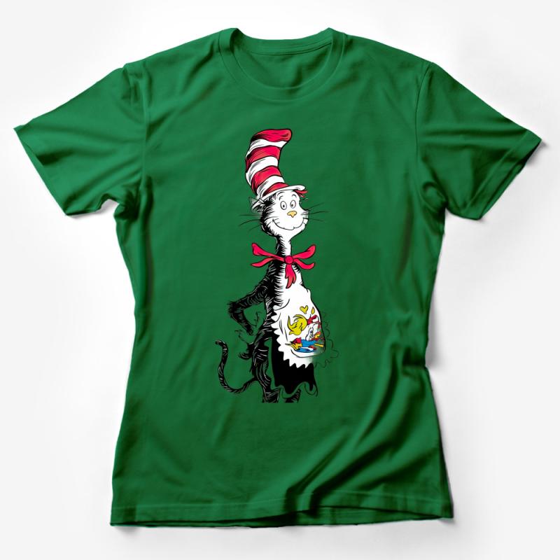 Whimsical Cat in Hat Graphic Tee, Unisex Cartoon Character T-Shirt, Fun Casual Wear for All Ages Female T-Shirt