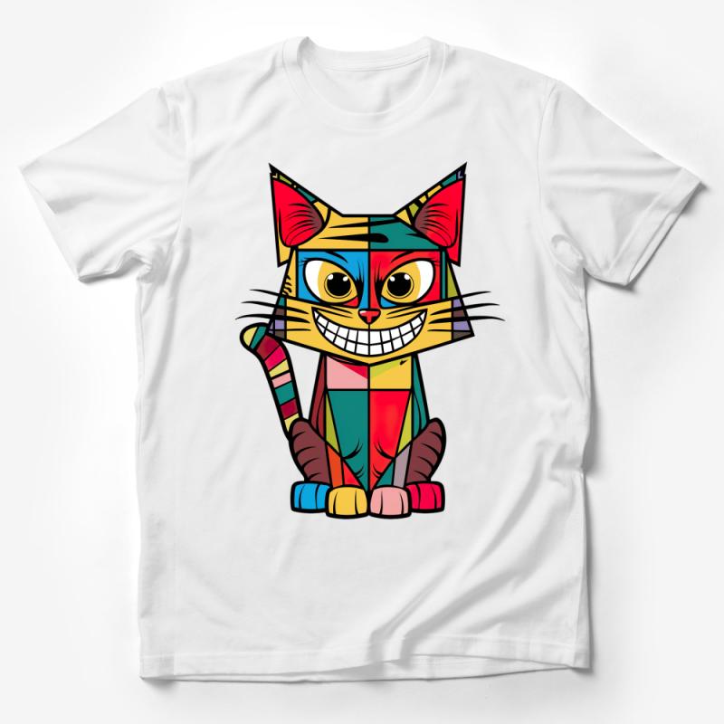 Colorful Geometric Cat T-Shirt, Abstract Art Feline Tee, Trendy Animal Print Shirt, Unisex Casual Wear, Fun Graphic Tee for All Ages Male T-Shirt