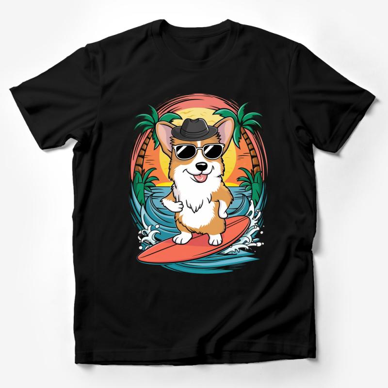 Unisex Cool Corgi Surfer T-Shirt, Beach Vibes Graphic Tee, Summer Tropical Palm Design, Dog Lovers Casual Wear, Gift Idea Male T-Shirt