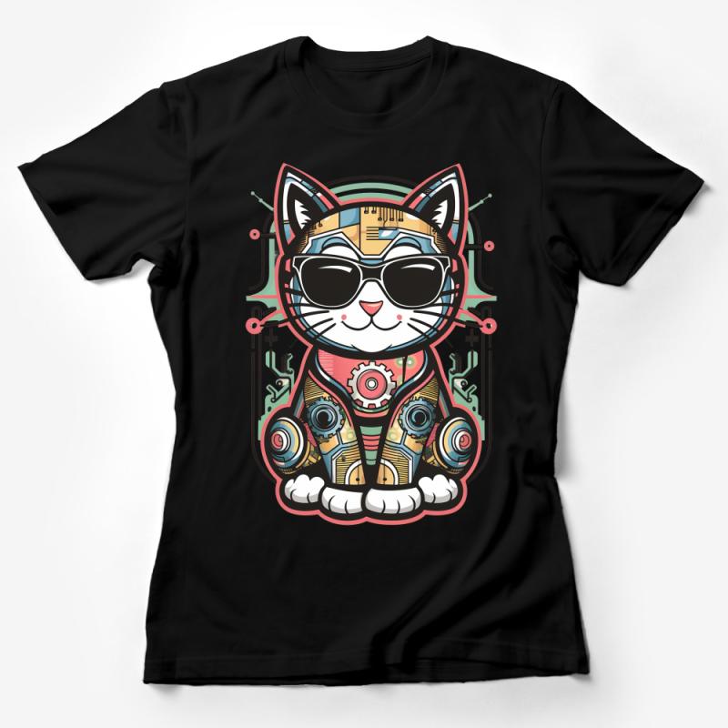 Funky Robotic Cat T-Shirt, Cool Cyber Kitty Graphic Tee, Unisex Adult Fashion, Geeky Apparel Female T-Shirt