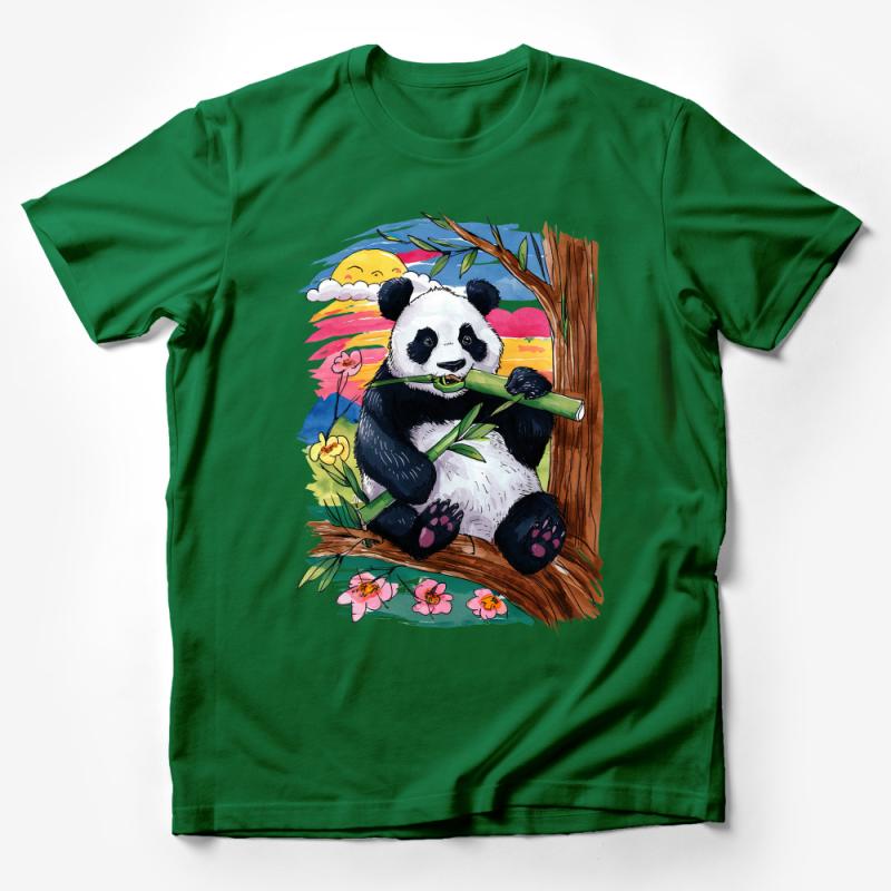 Panda T-Shirt, Cute Panda Eating Bamboo, Colorful Nature Scenery, Unisex Graphic Tee, Casual Wear, Animal Lover Gift Idea Male T-Shirt