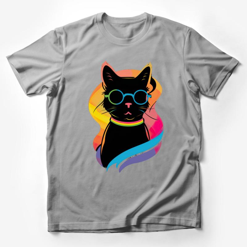 Colorful Cat T-Shirt, Funky Feline Graphic Tee, Hipster Cat with Glasses, Unisex Casual Wear Male T-Shirt