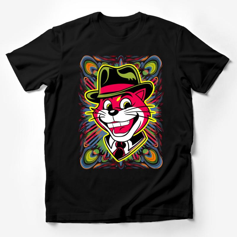 Whimsical Cat with Hat Graphic Tee, Colorful Abstract Art T-Shirt, Unisex Fashion Apparel, Casual Wear for Cat Lovers Male T-Shirt