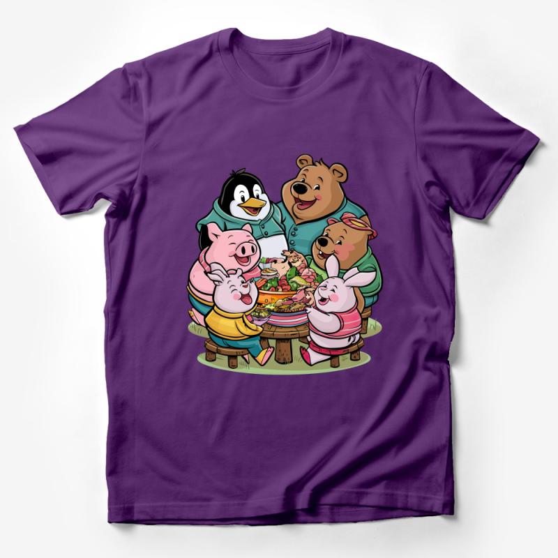 Cute Animal Picnic T-Shirt, Colorful Cartoon Friends Tee, Bear Penguin Pig Rabbit Shirt, Unisex Kids Graphic Tee, Summer Outfit Top Male T-Shirt