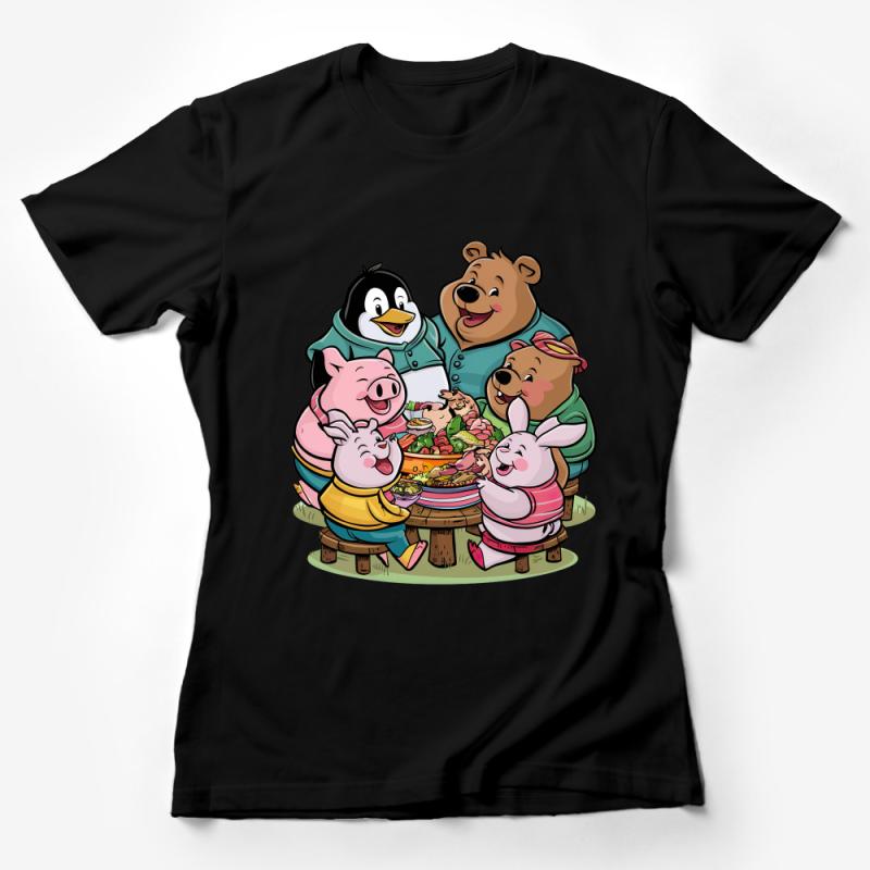 Cute Animal Picnic T-Shirt, Colorful Cartoon Friends Tee, Bear Penguin Pig Rabbit Shirt, Unisex Kids Graphic Tee, Summer Outfit Top Female T-Shirt