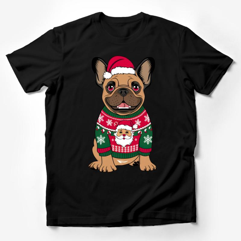 Christmas Frenchie T-Shirt, Festive French Bulldog with Santa Hat, Ugly Sweater Party, Holiday Dog Lover Gift, Unisex Tee Male T-Shirt