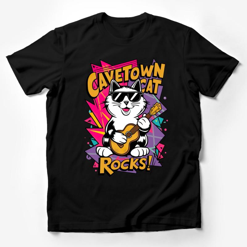 Cartoon Cat T-Shirt, Musically Themed Graphic Tee, Cute Cat Playing Guitar, Unisex Casual Wear Male T-Shirt