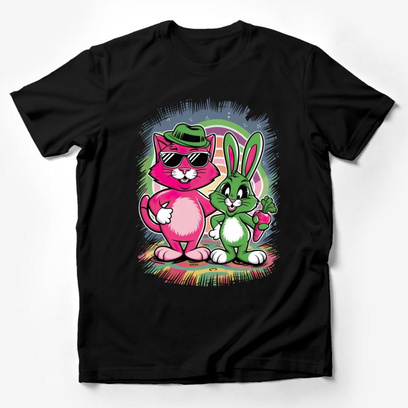 Cool Cat and Bunny Friends T-Shirt, Vibrant Cartoon Animal Tee, Unisex Graphic Shirt for All Ages Male T-Shirt