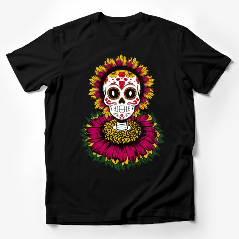 Sugar Skull T-Shirt, Floral Dia de los Muertos Tee, Colorful Mexican Day of the Dead Top, Unisex Gift Idea, Halloween Skull Shirt Male T-Shirt