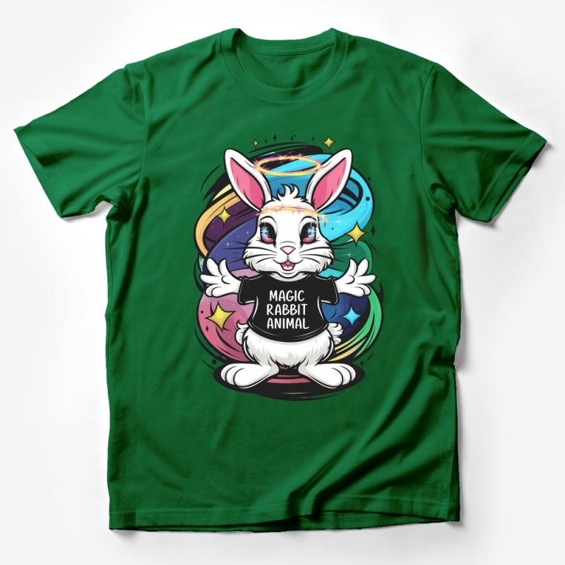 Cosmic Magic Rabbit T-Shirt, Cute Bunny with Halo Graphic Tee, Colorful Unisex Casual Wear, Fantasy Animal Shirt for All Ages Male T-Shirt