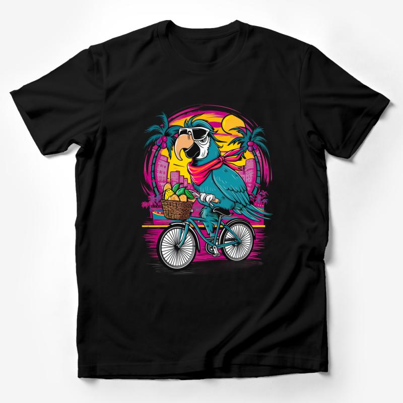 Tropical Parrot on Bicycle T-Shirt, Vibrant Summer Tee with Palm Trees and Sunset, Beachwear Unisex Top, Cool Bird Graphic Shirt Male T-Shirt