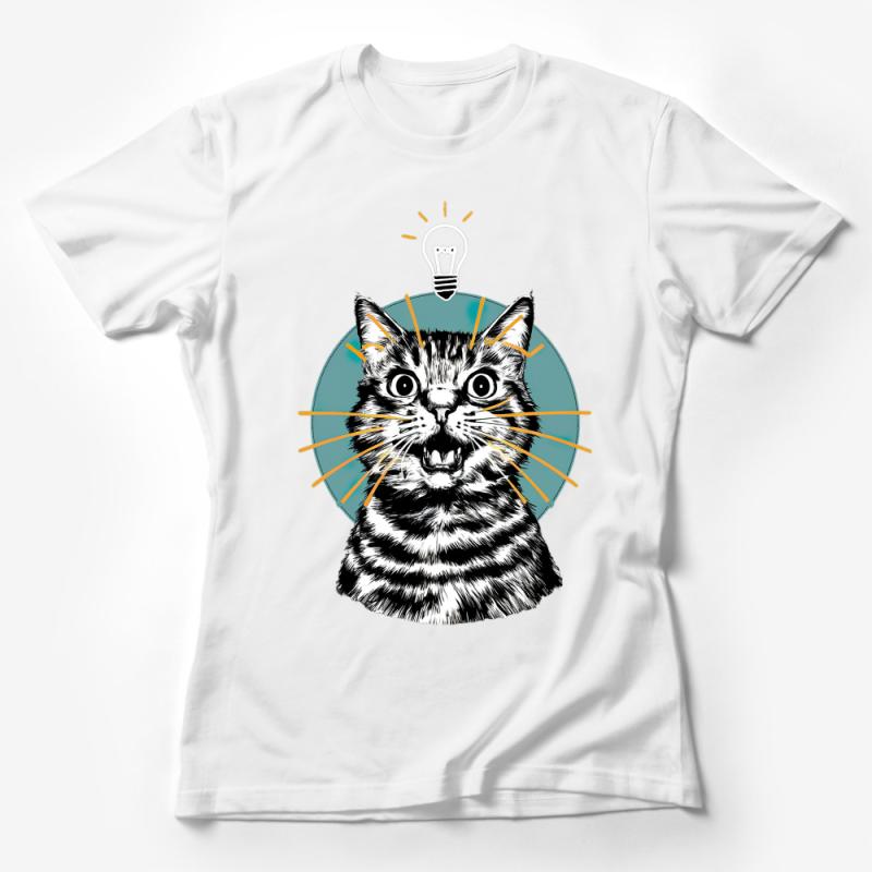 Whimsical Cat with Light Bulb T-Shirt, Graphic Tee for Cat Lovers, Unique Illustration, Creative Casual Apparel, Unisex Gift Idea Female T-Shirt