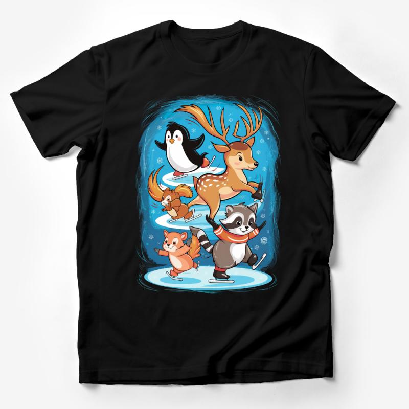 Kids Winter Animals Skating T-Shirt, Cute Penguins and Deer, Fun Raccoon Ice Skating Tee, Squirrel Graphic Unisex Shirt Male T-Shirt