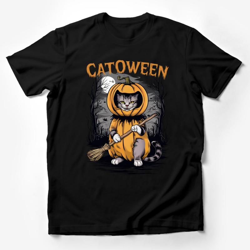 Halloween Cat T-Shirt, Catoween Pumpkin Kitty Tee, Spooky Feline Witch Apparel, Halloween Party Costume Top, Unisex Adult Tee Male T-Shirt