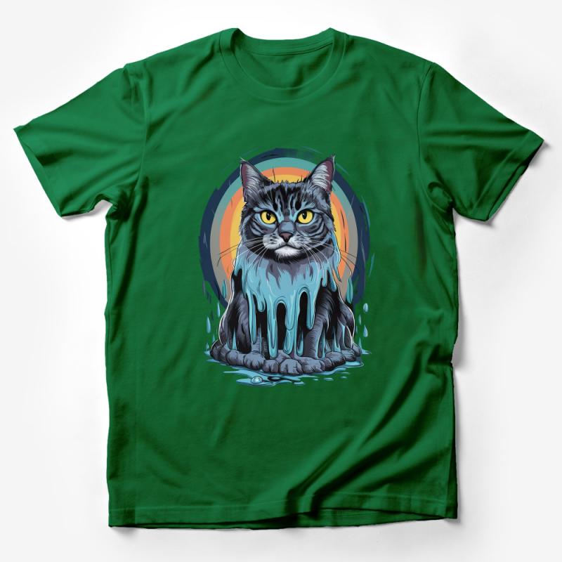 Cool Melting Cat T-Shirt, Colorful Dripping Paint Feline Tee, Graphic Cat Lover Top, Unisex Casual Wear Male T-Shirt