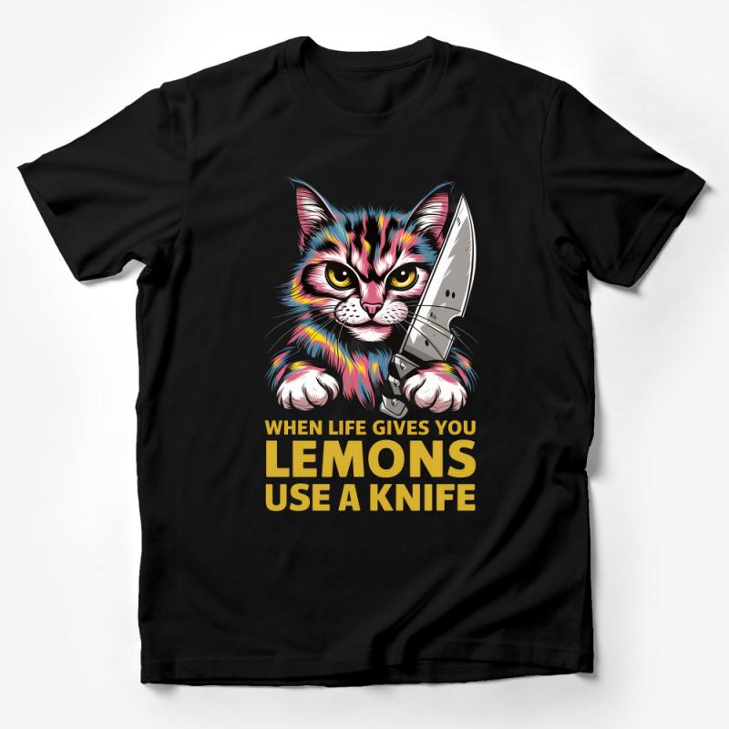 Colorful Cat with Knife T-Shirt, When Life Gives You Lemons Quote Tee, Artistic Feline Graphic Shirt, Funny Cat Lover Gift Idea Male T-Shirt