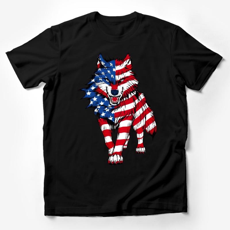 Patriotic Wolf T-Shirt, American Flag Style Graphic Tee, Unisex USA Pride Shirt, Independence Day Clothing, July 4th Wolf Top Male T-Shirt