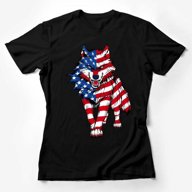 Patriotic Wolf T-Shirt, American Flag Style Graphic Tee, Unisex USA Pride Shirt, Independence Day Clothing, July 4th Wolf Top Female T-Shirt