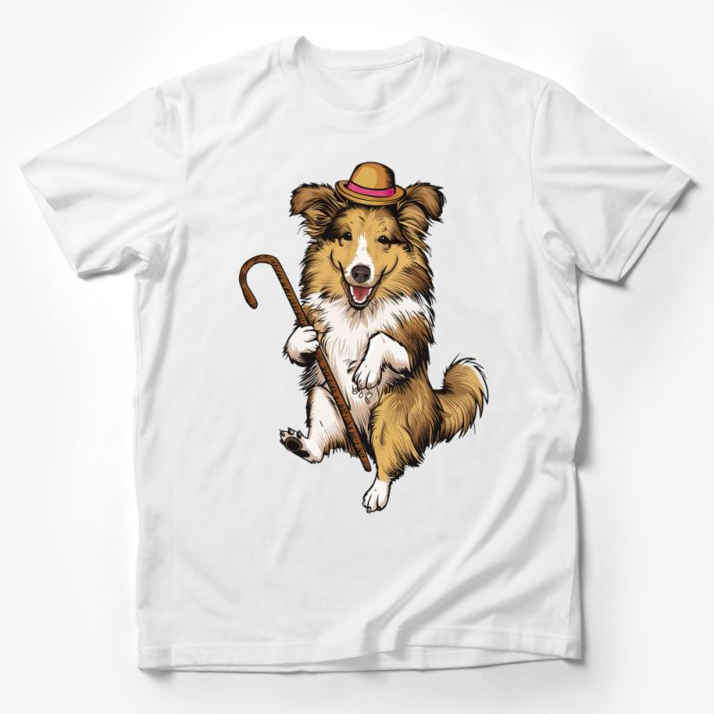 Funny Dancing Shetland Sheepdog T-Shirt, Cute Sheltie with Hat and Cane, Dog Lover Tee, Unisex Graphic Shirt, Gift for Pet Owners Male T-Shirt