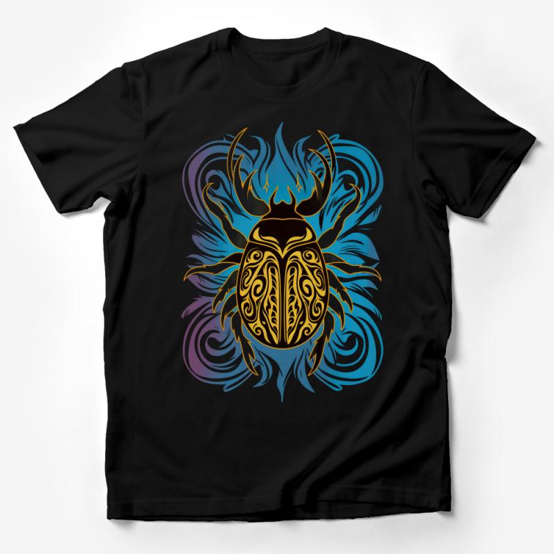 Tribal Beetle Graphic Tee, Fire and Water Swirls, Unisex T-Shirt, Artistic Insect Design, Casual Wear, Unique Nature Inspired Top Male T-Shirt